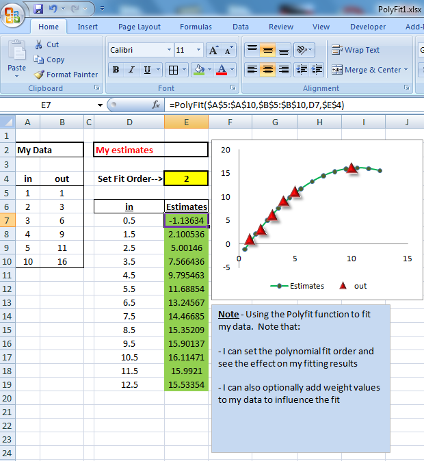 Creating a polynomial fit in Microsoft Excel using Data Curve Fit Creator Add-in
